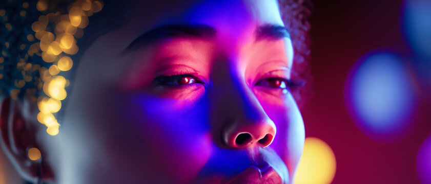 Eine junge schwarze Frau schaut mit leicht geschlossenen Augen sinnlich blickend gerade aus, Haare flitzern golden, Spiegelung von bunten Lichtern in blau und rot, wie eine Party oder Feier