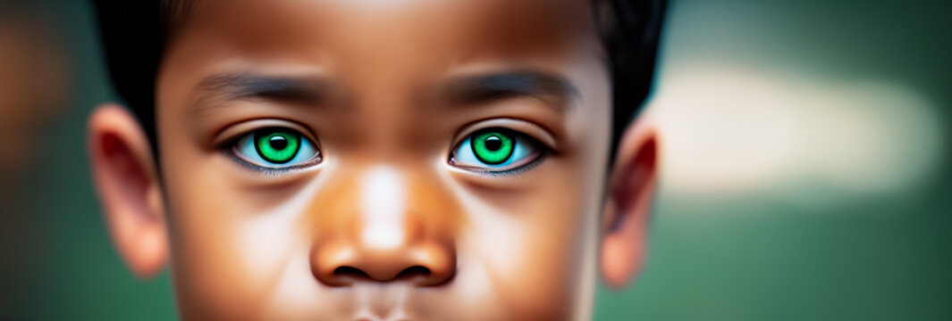 Heranwachsender Anblick dunkelh&auml;utig leuchtend gr&uuml;ne Augen eines Jungen Kind Gesicht schaut in Klarheit, Close Up der Augen, Sch&ouml;nheit mit viel Ausdruck, Kindheit, gestalten, anschauen, Afrika, Blick