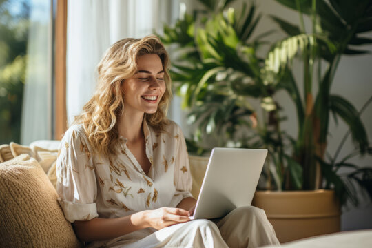 Charming young Caucasian woman in home clothes with laptop and morning cup of coffee in cozy room. Female specialist works online, participates in conference call. Remote job concept.