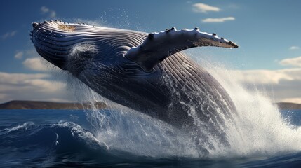An Humpback whale jumping out of the water in Ocean - obrazy, fototapety, plakaty