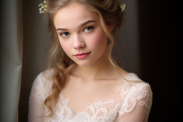 Beautiful blond bridesmaid in a white dress with lace - 679371073