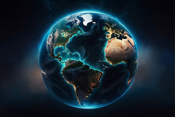 Fototapeta na wymiar Planet Earth with blue glow in space on black background 