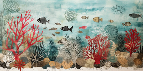 Underwater scene with corral, fish and water plants - 679371272