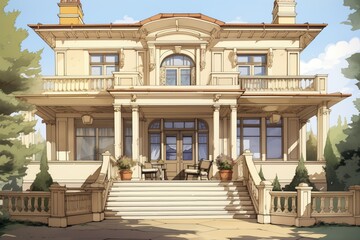 georgian home with a large pediment and a balcony, magazine style illustration