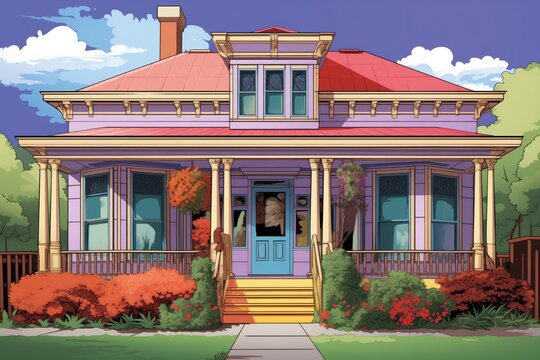 colorful gerorgian house with dentil molding as the focal point, magazine style illustration