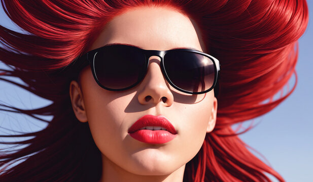 Portrait of beautiful young woman with red hair and sunglasses on blue sky background
