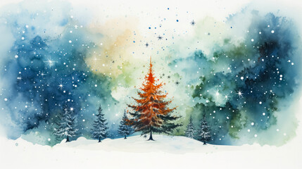 Watercolor winter landscape with fir trees, snowflakes and stars. Vector illustration.