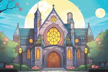 evening shot of a gothic revival church highlighting the rose window, magazine style illustration