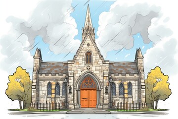 gothic revival stone building on cloudy day for dramatic contrast, magazine style illustration
