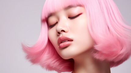 Naklejka premium Portrait of young Asian woman eyes closed with pink hair and makeup on neutral background. Hair salon beauty shop banner template. Cosmetics fashion concept
