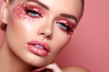 Woman face with glitter makeup on pink background. Fashion glamour cosmetic concept. Banner with copy space