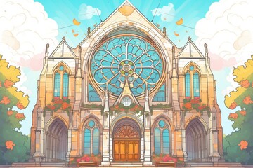 a gothic revival cathedral, focal point the rose window, magazine style illustration - obrazy, fototapety, plakaty
