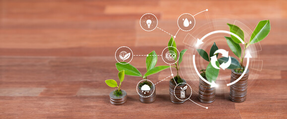 Growing coin stack with recycle symbol, ESG business investment with sustainable growth potential...