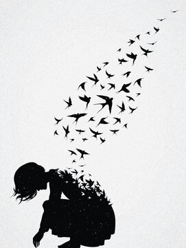 Depressed girl. Lonely sitting woman. Death and afterlife. Flying bird