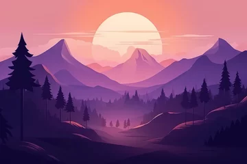 Fototapete Flat style abstract minimalistic aesthetic mountains landscape background. Purple color shades. © Bisams
