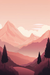 Flat style abstract minimalistic aesthetic mountains landscape background. Pink color shades.