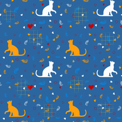 Seamless pattern with orange and white cats and hearts on a blue background. For packaging, printing and decorating