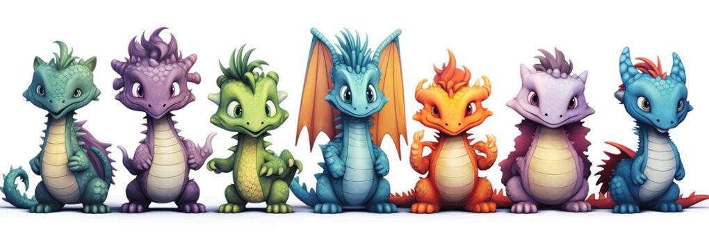 Cute cartoon illustration of different colorful baby dragons on white background