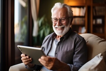 Fototapeta na wymiar Cheerful senior grey-haired Caucasian man in glasses and casual clothing uses digital tablet while sitting on sofa at home. Focused retired person browsing the Internet, watching news, reading e-book.