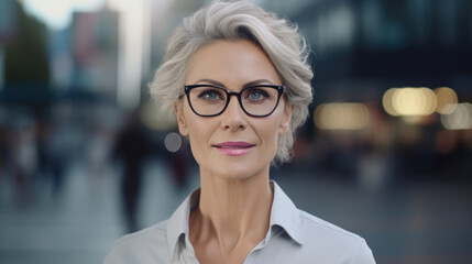 Fototapeta premium Stylish senior woman with glasses, confident in the city.