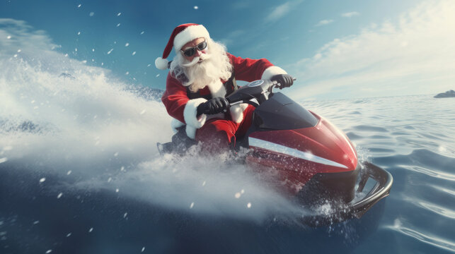 Santa Claus trading his sleigh for a jet ski, speeding on ocean waves