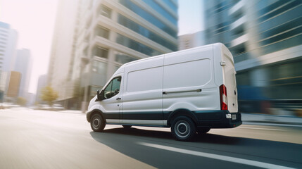 Speeding white cargo van in urban setting, motion blur, city delivery - obrazy, fototapety, plakaty