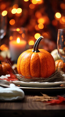 Obraz premium Thanksgiving table setting with real pumpkin and fresh cut flowers. Autumn theme. Place for text
