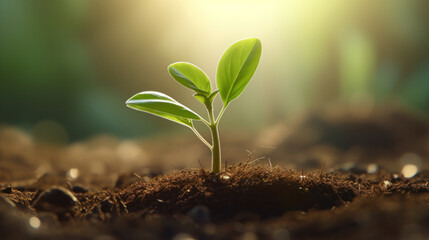 Seedling emerging from rich soil at sunrise, symbolizing new life and growth