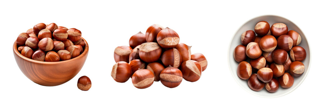 Collage set of hazelnuts in wooden bowls and top view over isolated transparent background