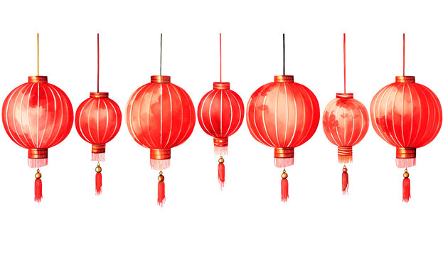 Chinese new year red paper lanterns on isolated transparent background. Watercolor illustration