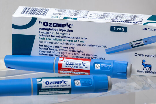 Ozempic semaglutide injection pens and box. Ozempic is a medication for obesity