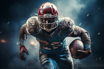 Close-up of professional American football player running with the ball across the stadium field. Determined, powerful, skilled African American athlete ready to win the game. Blurred background.