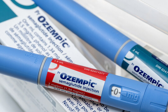 Ozempic semaglutide injection pens and box. Ozempic is a medication for obesity