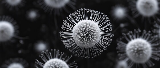 Abstract close-up image of a virus cell, a round white nucleus and the villi emanating from it, background - obrazy, fototapety, plakaty