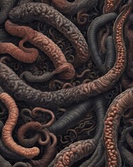Abstract image of parasitic worms in human intestines, worms and helminths, dark and nasty atmosphere