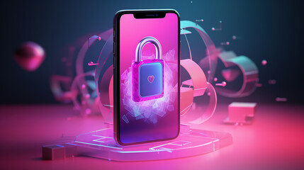 Cyber security network, personal data protection concept. Man using mobile phone for digital banking with padlock and biometric identity, fingerprint anf face scanning, mobile banking app.Genartive AI