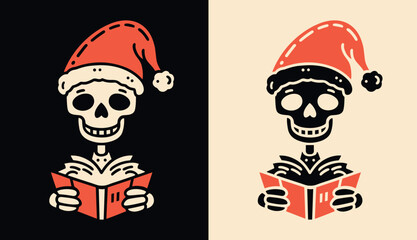 Santa Claus skeleton reading a book. Scary Christmas stories concept. Holiday season activity. Dark academia gothic book lovers. Creepy Christmas decoration. Minimalist printable vector illustration.