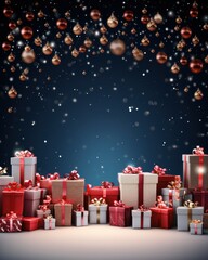Christmas background with gift boxes and baubles.