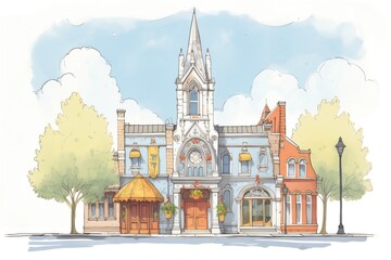 gothic revival theatre with ornate pointed arch windows, magazine style illustration