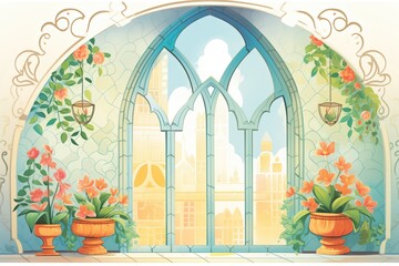 intricate lattice work in pointed arch window at a convent, magazine style illustration - obrazy, fototapety, plakaty