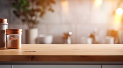 A luminous image showcasing an empty Podium elegantly placed in front of a blurred Kitchen background for product display