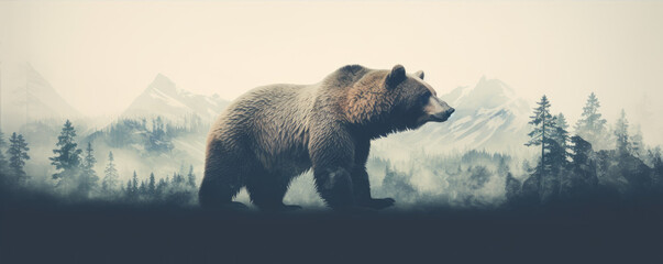 Wild grizlly bear in the forest for t-shirt printing. - obrazy, fototapety, plakaty