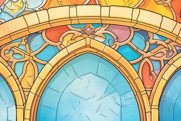 close-up of stained glass in pointed arch window, magazine style illustration