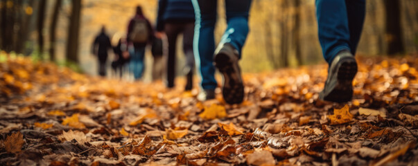 Obraz premium back view of the sneakers many tourist in the forest, autumn season