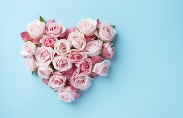 pink roses in a heart-shaped shape on blue background