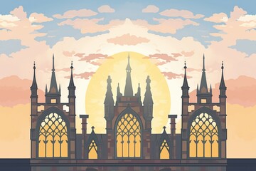 Fototapeta premium silhouette of a gothic revival castles pointed arch windows at sunset, magazine style illustration