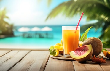 tropical drink with an orange and pineapples on a wooden table
