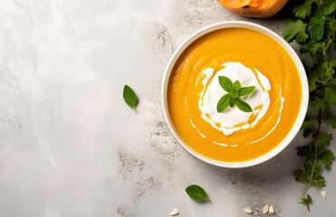 pumpkin soup with cream and mint in a white bowl
