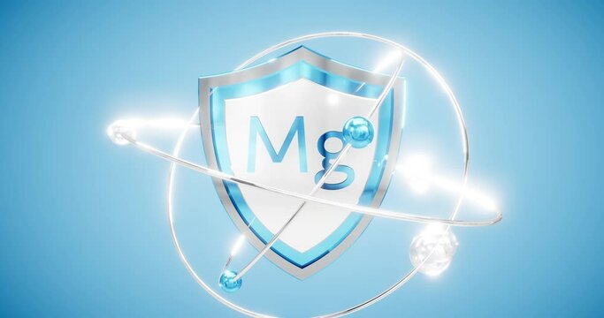 magnesium symbol - mg located on a shield with rotating atoms and electrons in orbits, mineral protection concept 