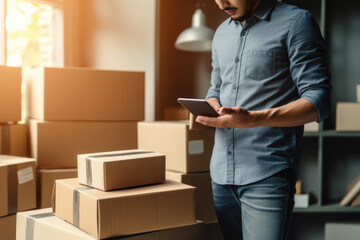 Close up of men work at home Use smartphones for commercial checking, online marketing, packing boxes, SME sellers, concept, e-commerce team